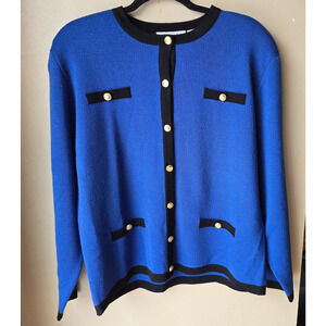 VTG Nicole Summers Wool Cardigan Size L Petite Royal Blue Gold Buttons Old Money